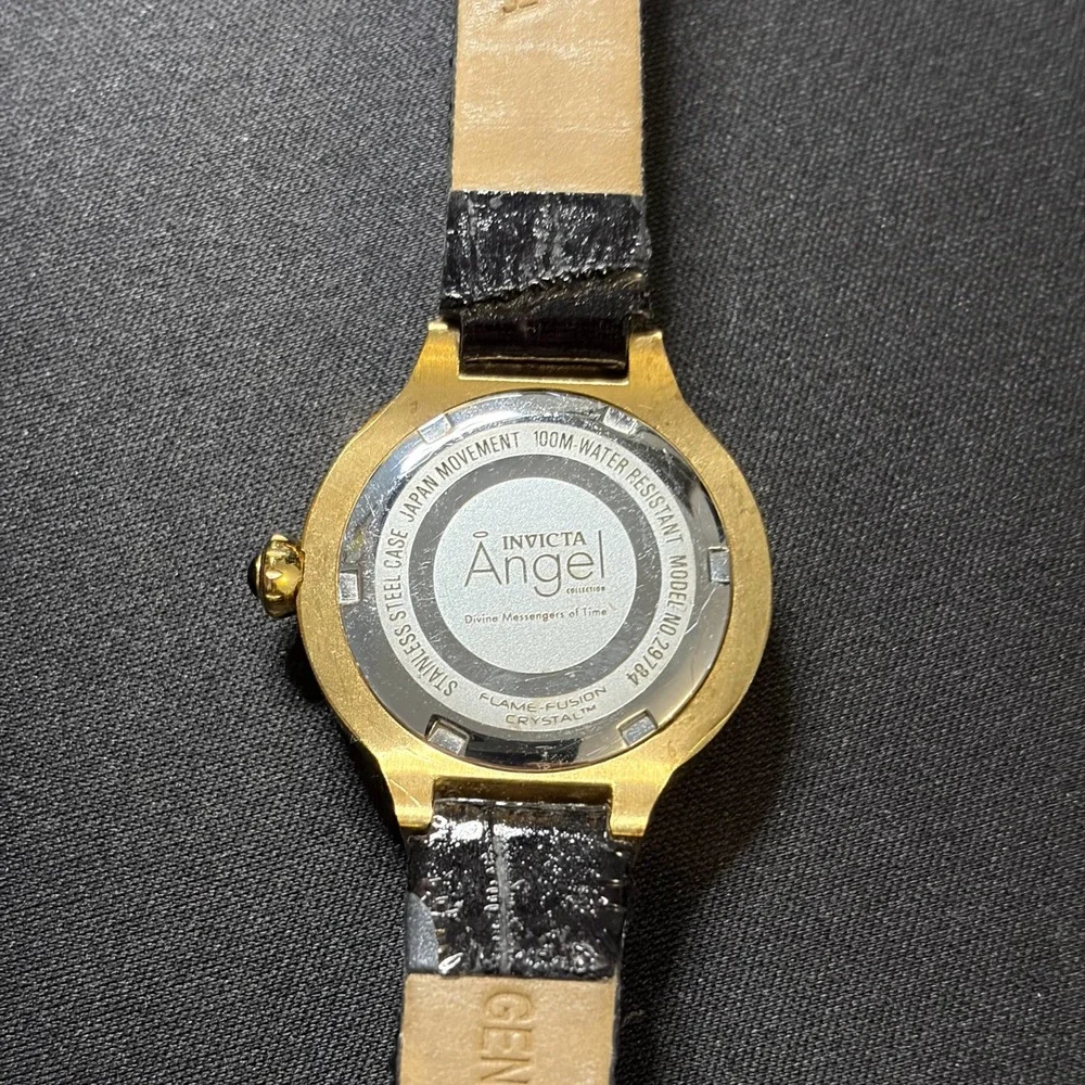 Invicta Angel Watch Women OS Black Gold Leather Strap 29784 Luxury